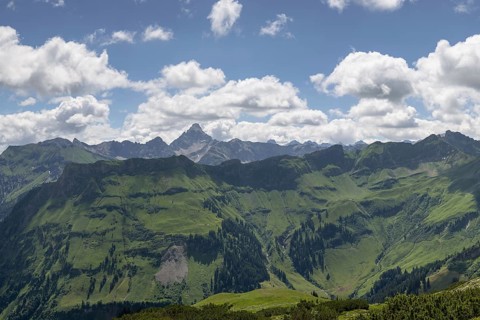 Mountain panorama from the Koblat high trail on the Nebelhorn over the Obertal valley with lush