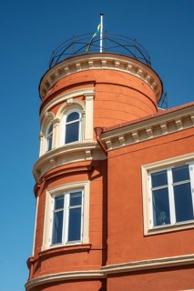 Apartment house with tower, built in 1898, in Ystad, Skåne County, Sweden, Scandinavia