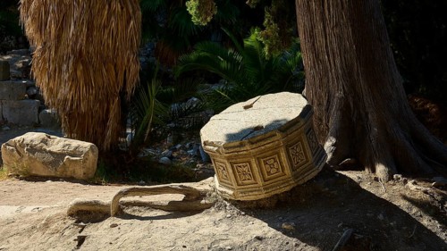 An old, dilapidated stone cylinder lies in the sunshine next to a tree, Ancient Agora, Kos Town,