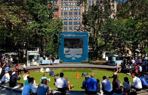 Public viewing of the US Open tennis matches, Washington Square Park, New York City, USA