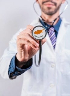 Chipre health and medical insurance concept. Chipre healthcare system, doctor holding stethoscope