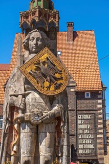 Roland statue on the market square in front of the German House, symbol of medieval urban market