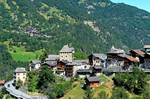 Valais village of Vissoie with the medieval Tour d'Anniviers tower, Vissoie, Val d'Anniviers,
