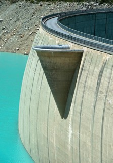 Spillway funnel at the dam wall of the Moiry reservoir, Lac de Moiry, Val d'Anniviers, Valais,