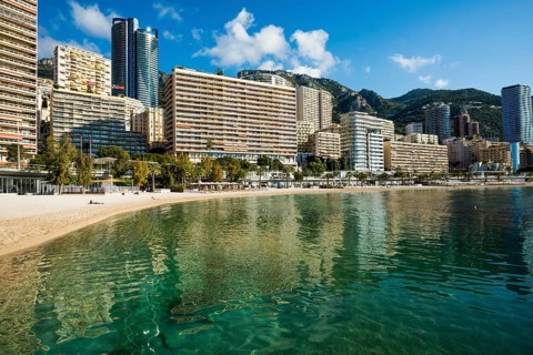 Panorama, Skyline with skyscrapers and beach, Plage du Larvotto, Monte Carlo, Cote d'Azur, Monaco