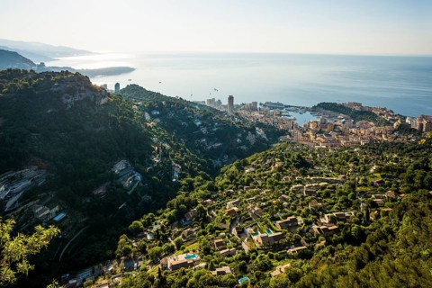 Panorama, View from the grande corniche, City and coast, Monte Carlo, Cote d'Azur, Monaco
