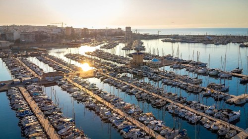 Golden sunrise reflecting on calm waters of torrevieja marina, showcasing docked boats and the