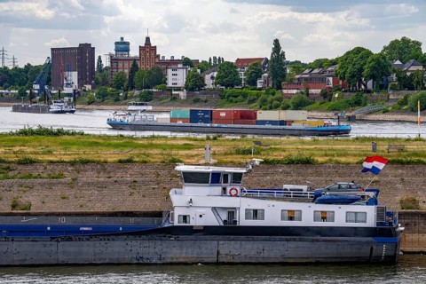 Cargo ships on the Rhine near Duisburg, North Rhine-Westphalia, Germany