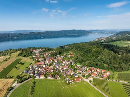 Luftbild vom Bodensee mit der Ortschaft Hödingen, am Horizont der Bodanrück, Überlingen,