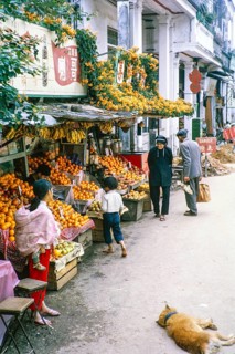 Fruit shop display of oranges and bananas on street, New Territories, Hong Kong, Asia, 1964