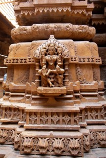Sculpture on a pillar in the Jain temple Chandraprabhu in the fortress in Jaisalmer, Rajasthan,