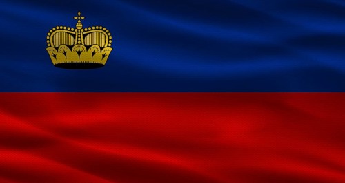 Liechtenstein flag with fabric texture. Realistic flag of Liechtenstein waving