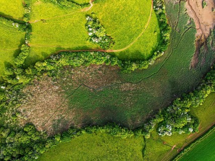 Top Down over Marshes over River Dart from a drone, Stoke Gabriel, Totnes, Devon, England, United