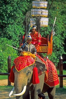 Decorated war elephant at Samphran Elephant Ground and Zoo near Bangkok, Thailand, December 2002,