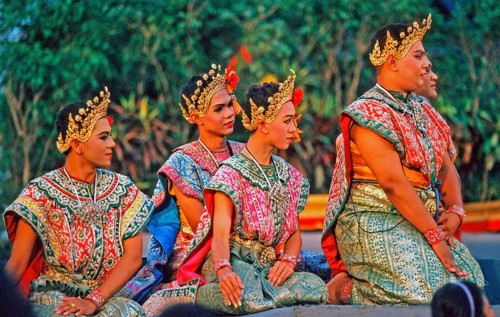 Young actors watch a Thai drama performance in Bangkok, Thailand, December 2002, vintage, retro,