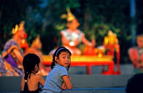 Children watch Thai drama performance, Bangkok, Thailand, December 2002, vintage, retro, old,