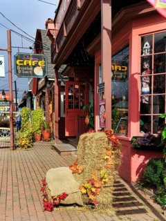 Typically decorated facades, cafe, restaurant, Thanksgiving, Halloween, main street in the village