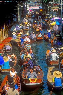 Boats with tourists on the Damnoen Saduak floating market, Thailand, December 2002, vintage, retro,