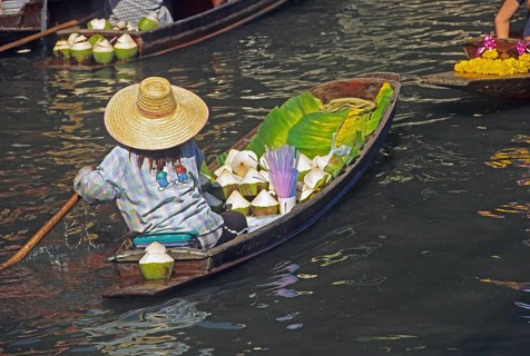 Merchant in her boat at Damnoen Saduak Floating Market, Thailand, December 2002, vintage, retro,