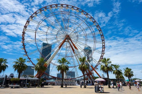 A big Ferris wheel in the municipal park with palm trees and people, bright blue sky, amusement