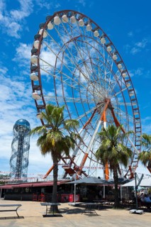 A big Ferris wheel surrounded by palm trees against a blue sky in an urban park, amusement park,