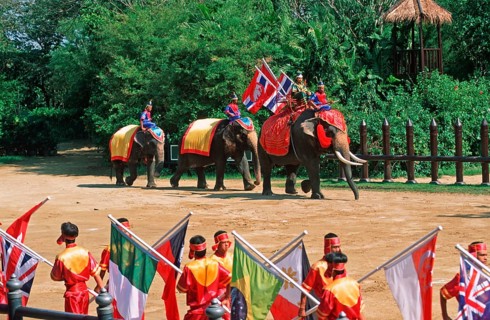 Performance with elephants at Samphran Elephant Ground and Zoo near Bangkok, Thailand, December