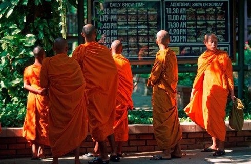 Monks at Samphran Elephant Ground and Zoo near Bangkok, Thailand, December 2002, vintage, retro,
