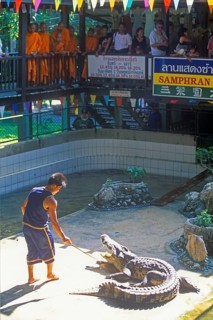 Spectators, monks, performance with crocodiles at Samphran Elephant Ground and Zoo near Bangkok,