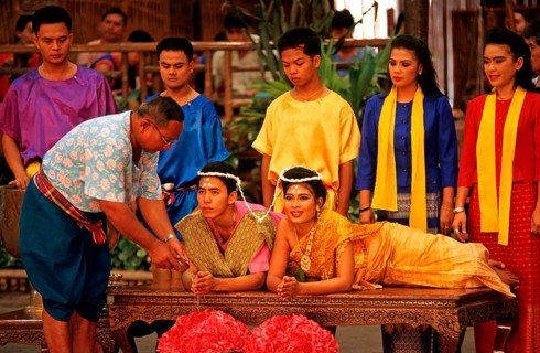Performance of a traditional wedding ceremony at Rose Garden near Bangkok, Thailand, December 2002,