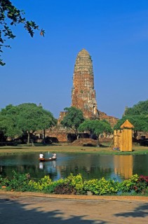 Pond, boat, people, temple ruin in Ayutthaya, Thailand, December 2002, vintage, retro, old,