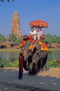 People, tourists, temple ruins, riding on an elephant through ancient sights, Ayutthaya, Thailand,