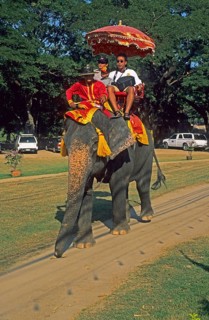 People, tourists, riding on an elephant through ancient sights, Ayutthaya, Thailand, December 2002,
