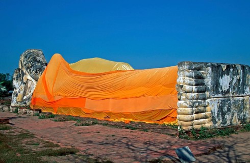 Statue of the reclining Buddha, Ayutthaya, Thailand, December 2002, vintage, retro, old, historic