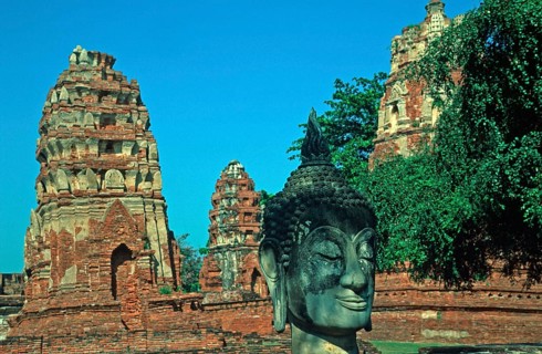 Chedis, Buddha head, Wat Mahatat, Ayutthaya, Thailand, December 2002, vintage, retro, old, historic