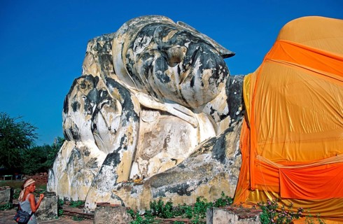 Tourist, statue of reclining Buddha, Ayutthaya, Thailand, December 2002, vintage, retro, old,