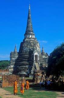 Monks, chedi at Wat Phra Si Sanphet, Ayutthaya, Thailand, December 2002, vintage, retro, old,