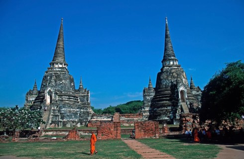 Monks, Chedis at Wat Phra Si Sanphet, Ayutthaya, Thailand, December 2002, vintage, retro, old,