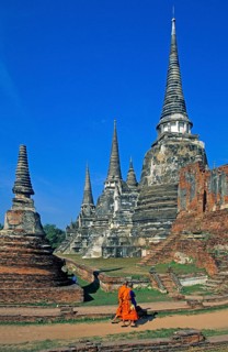 Monks, Chedis at Wat Phra Si Sanphet, Ayutthaya, Thailand, December 2002, vintage, retro, old,