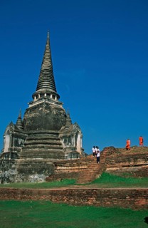 People, monks, girls, chedi at Wat Phra Si Sanphet, Ayutthaya, Thailand, December 2002, vintage,