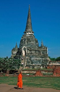 Monk, Chedi at Wat Phra Si Sanphet, Ayutthaya, Thailand, December 2002, vintage, retro, old,