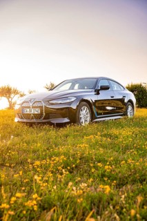 A black car is parked on a flowery meadow in warm evening light, BMW i7, Deer E-Carsharing, Calw,