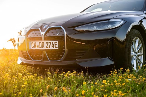 Front view of a black car on a blooming meadow at sunset, BMW i7 electric car, Deer e-Carsharing,