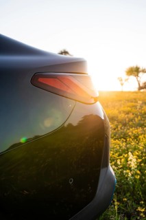 Rear view of a car in a blooming meadow at sunset, idyllic atmosphere, BMW i7 electric car, deer