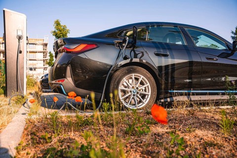 Black electric car charges at a station surrounded by poppies and summer atmosphere, BMW i7
