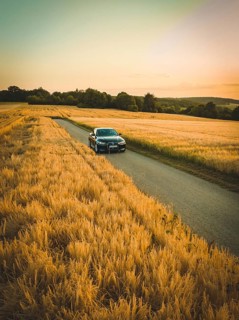 Vehicle moving on a country road through vast, golden cornfields in the evening light, BMW i7