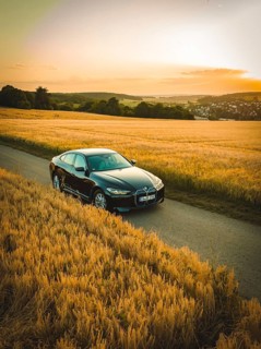 Black car on a country road between wheat fields at sunset, BMW i7 electric car, deer e-car