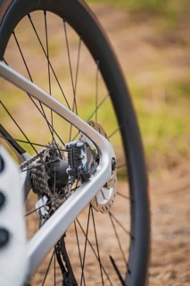 Close-up of the rear pane of a bicycle with focus on the spokes and brake disc, Triathlon, Calw,