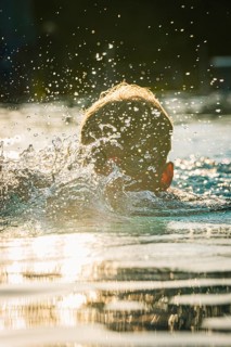 A swimmer moves energetically through the water in sunlight, Triathlon, Calw, Germany