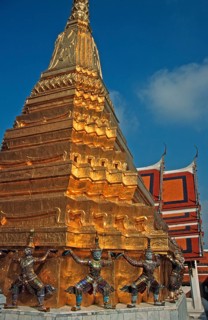 Chedi, mythical creatures, statues at Wat Phra Kaeo, Bangkok, Thailand, December 2002, vintage,