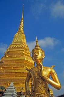 Chedi, mythical creature Kinnari at Wat Phra Kaeo in Bangkok, Thailand, December 2002, vintage,